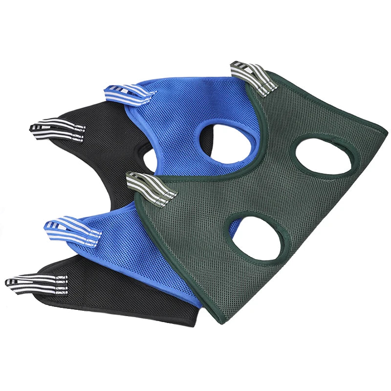 Three pet grooming hammock, one black, one blue and one green on a white background.