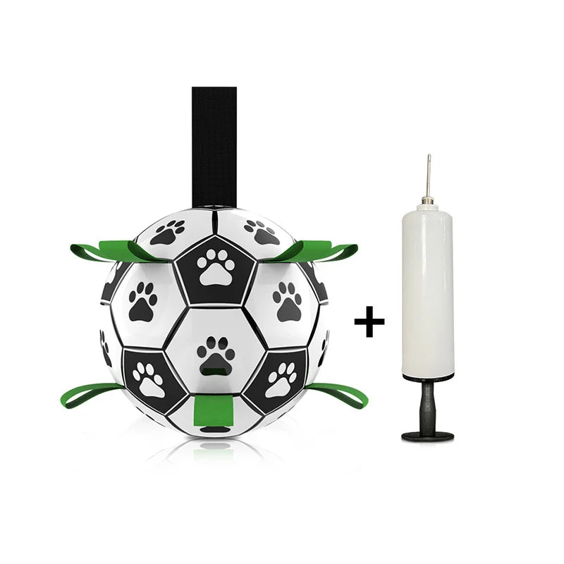 Soccer ball-shaped pet toy with paw prints and a pump on a white background