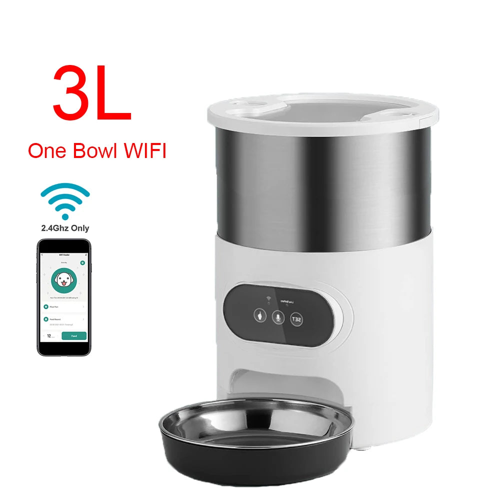 White and silver pet feeder with black bowl, labeled '3L One Bowl WIFI', on a white background.