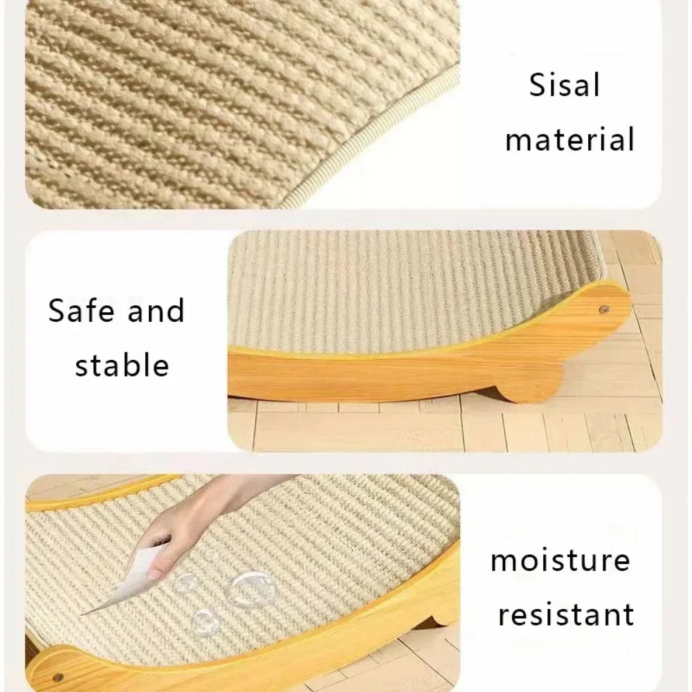 Sisal material cat scratcher with text highlighting safety, stability, and moisture resistance.