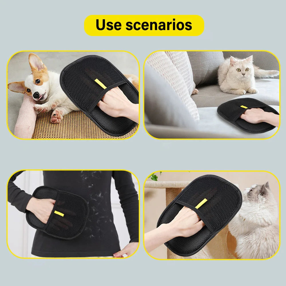 Black Pet Grooming Gloves being used by a dog, cat, and person on various surfaces.