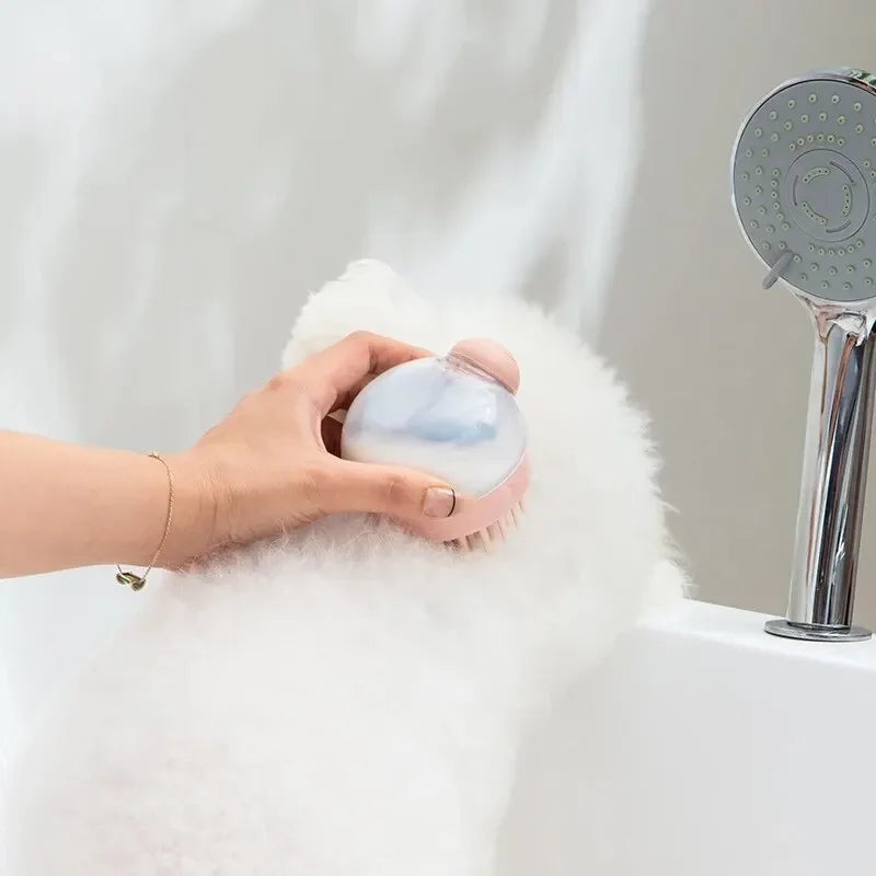 Person using a silicone bath brush with a shower head in the background