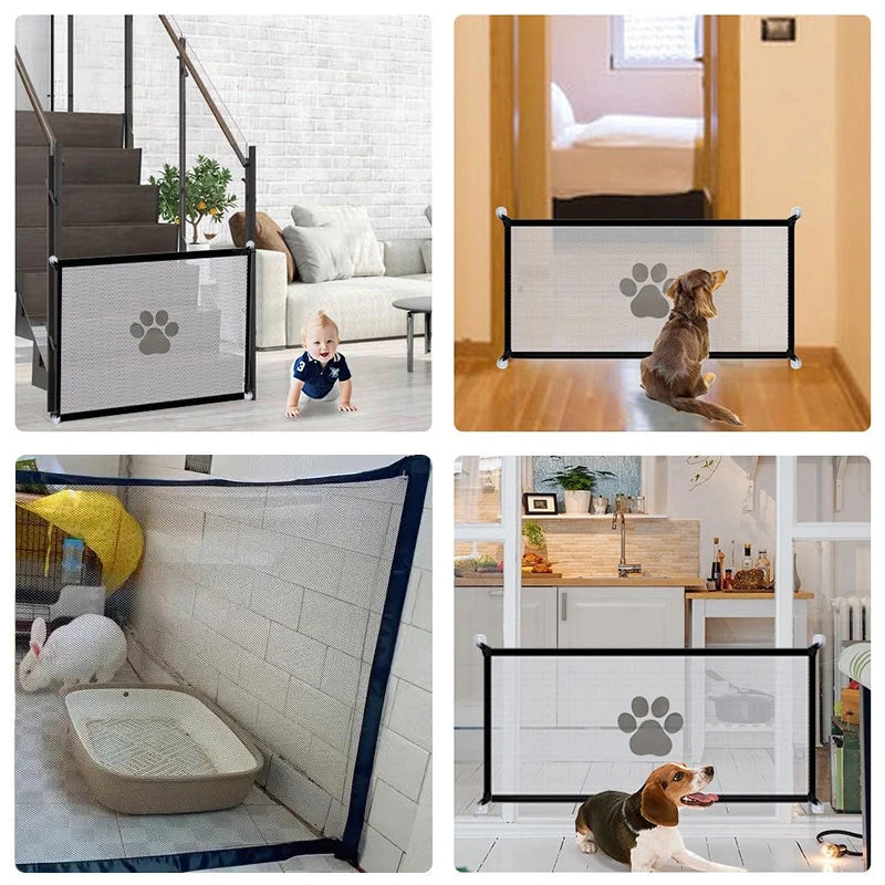 Collage of a pet gate used by a baby, dog, and cat in different settings.