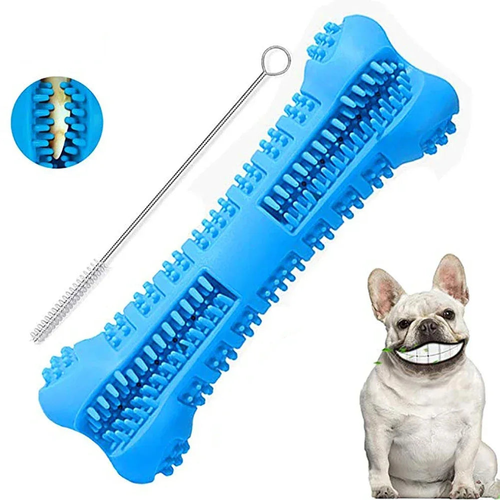 Blue dog chew toy with a cleaning tool and a dog sitting next to it on a white background.