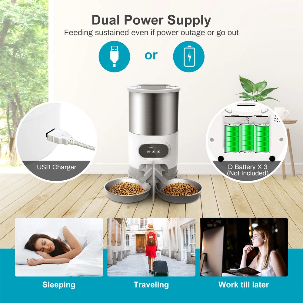Dual power supply system for a pet feeder with USB charger and battery indicators.