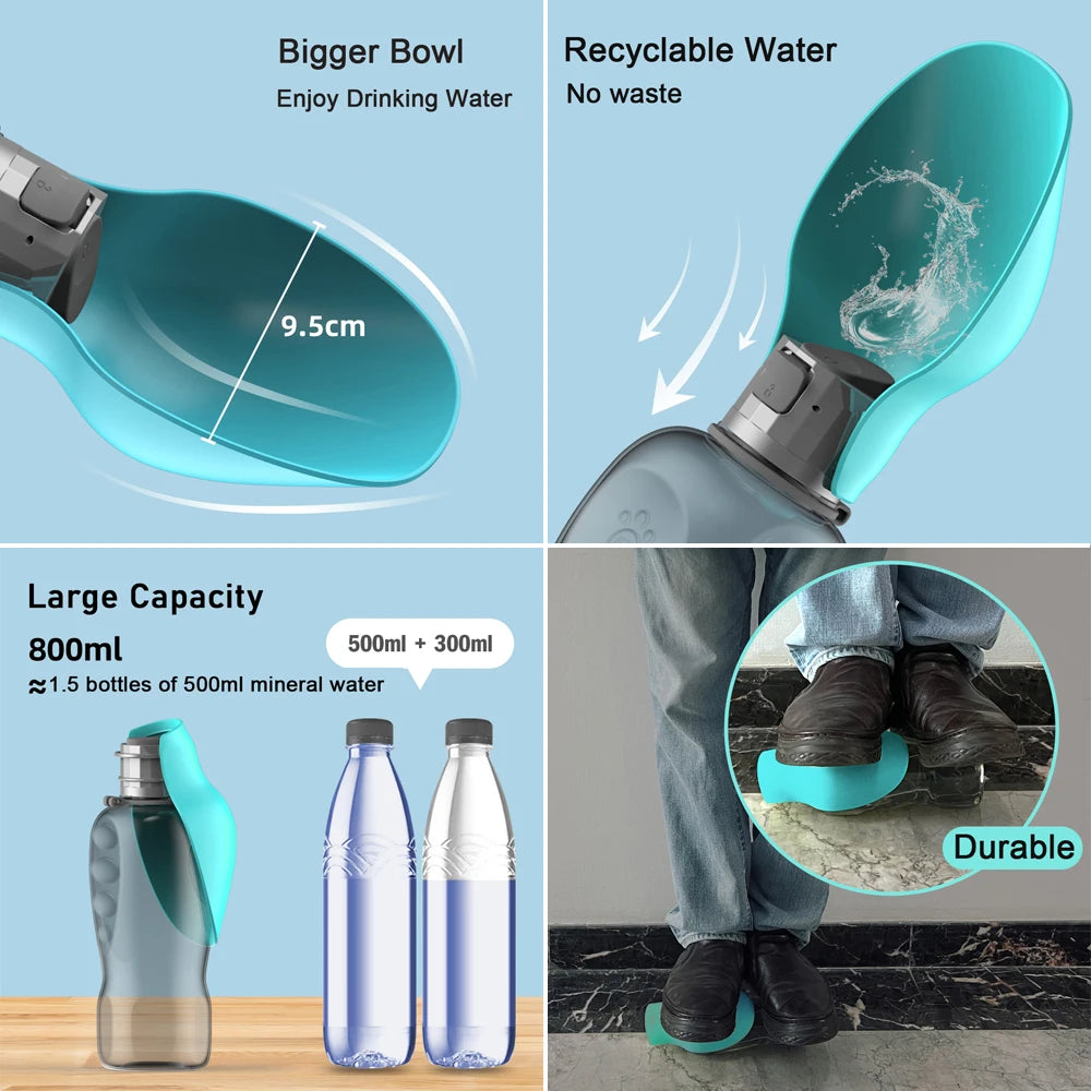 Portable dog water bottle features including a larger bowl, recyclable water, large capacity, durability, and ease of use.