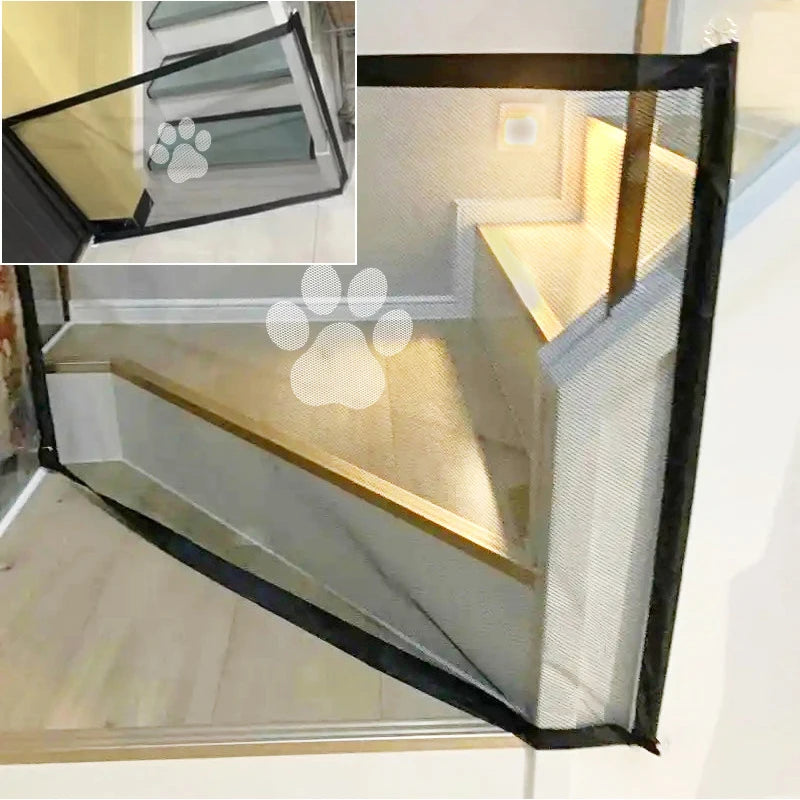 Pet gate for stairs with mesh design, showing both open and closed positions.