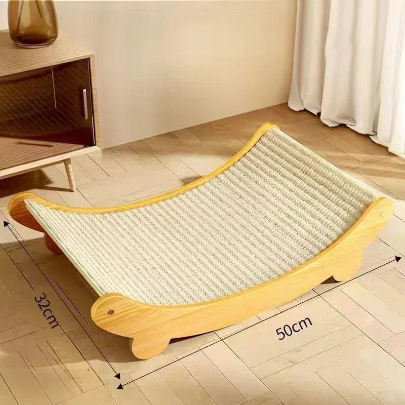Wooden cat scratcher on a wooden floor with measurements indicated