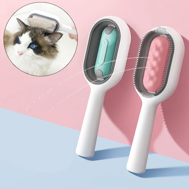 Two pet grooming brushes with a close-up of a cat being groomed on a pink and blue background.