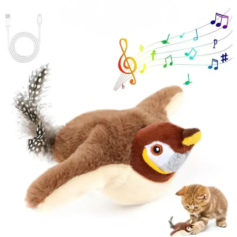 Plush toy resembling a bird with musical notes and a cat interacting with it on a white background