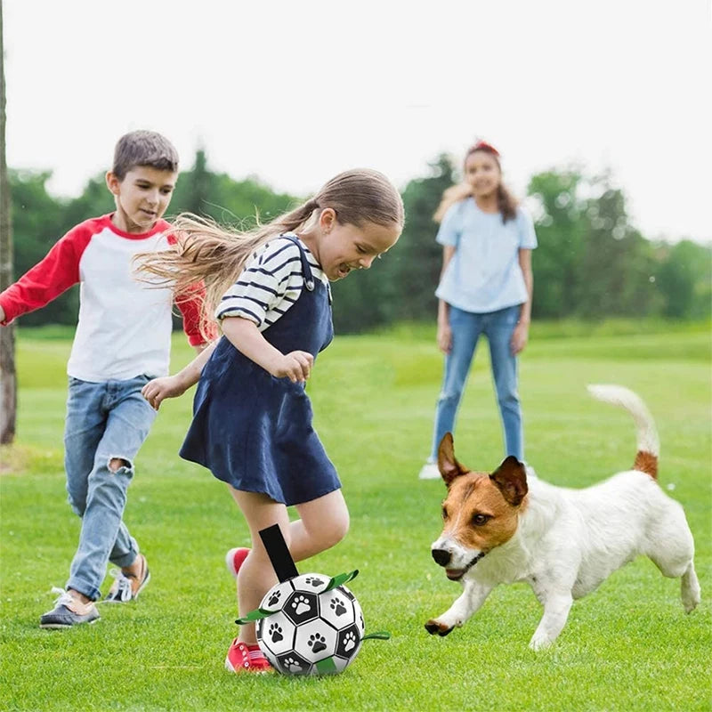 Children playing with a soccer ball on a grassy field with a dog.