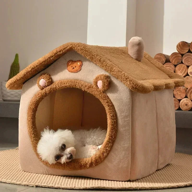Dog house with a dog inside, surrounded by logs and plants