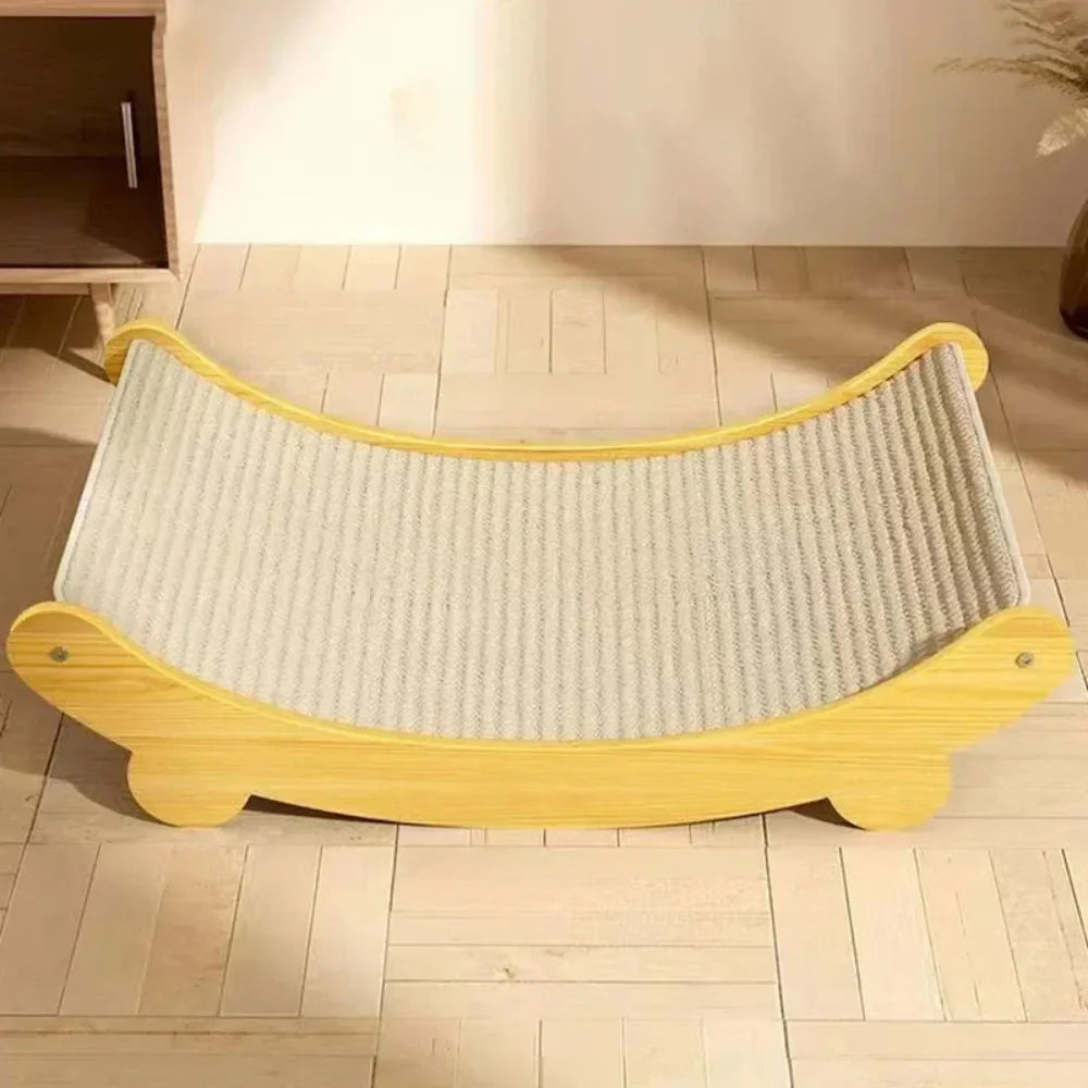 Wavy cat scratcher with yellow border on a wooden floor