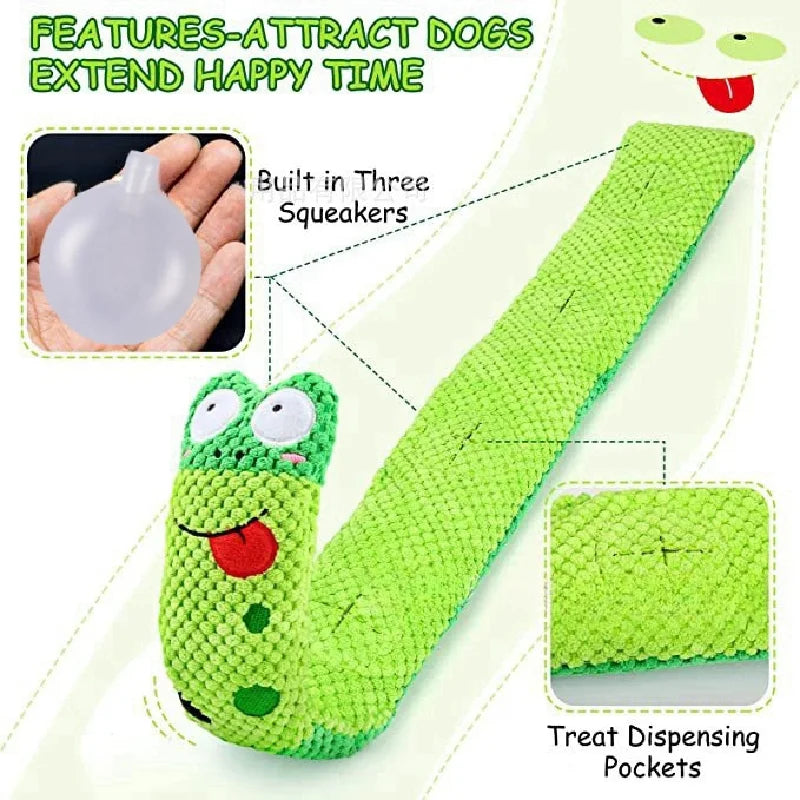 Green caterpillar-shaped dog toy with text highlighting features on a white background