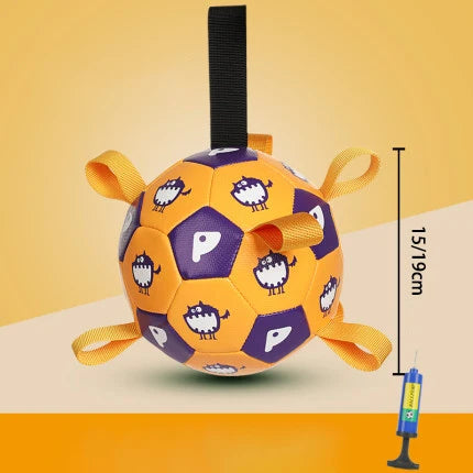 Yellow and purple ball with cartoon design and measurement details on a beige background