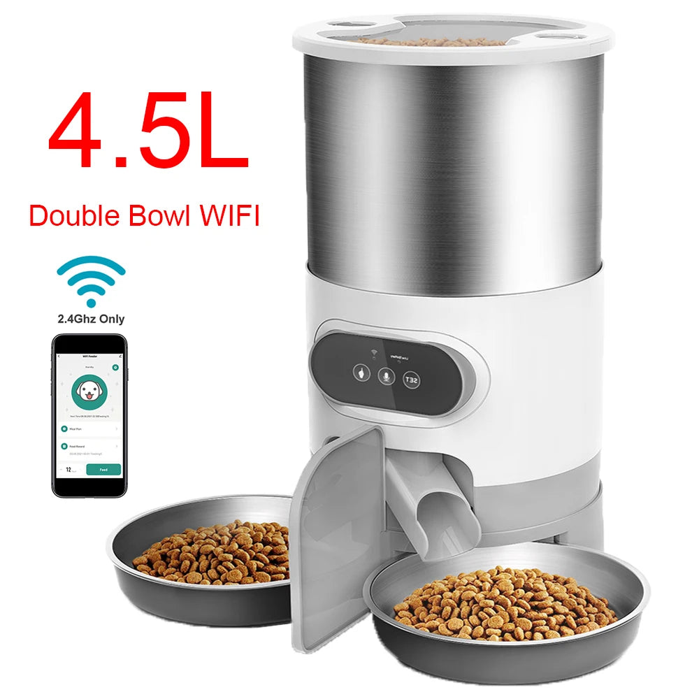 Pet food dispenser with two bowls of food, showing 4.5L capacity and WiFi connectivity on a white background.