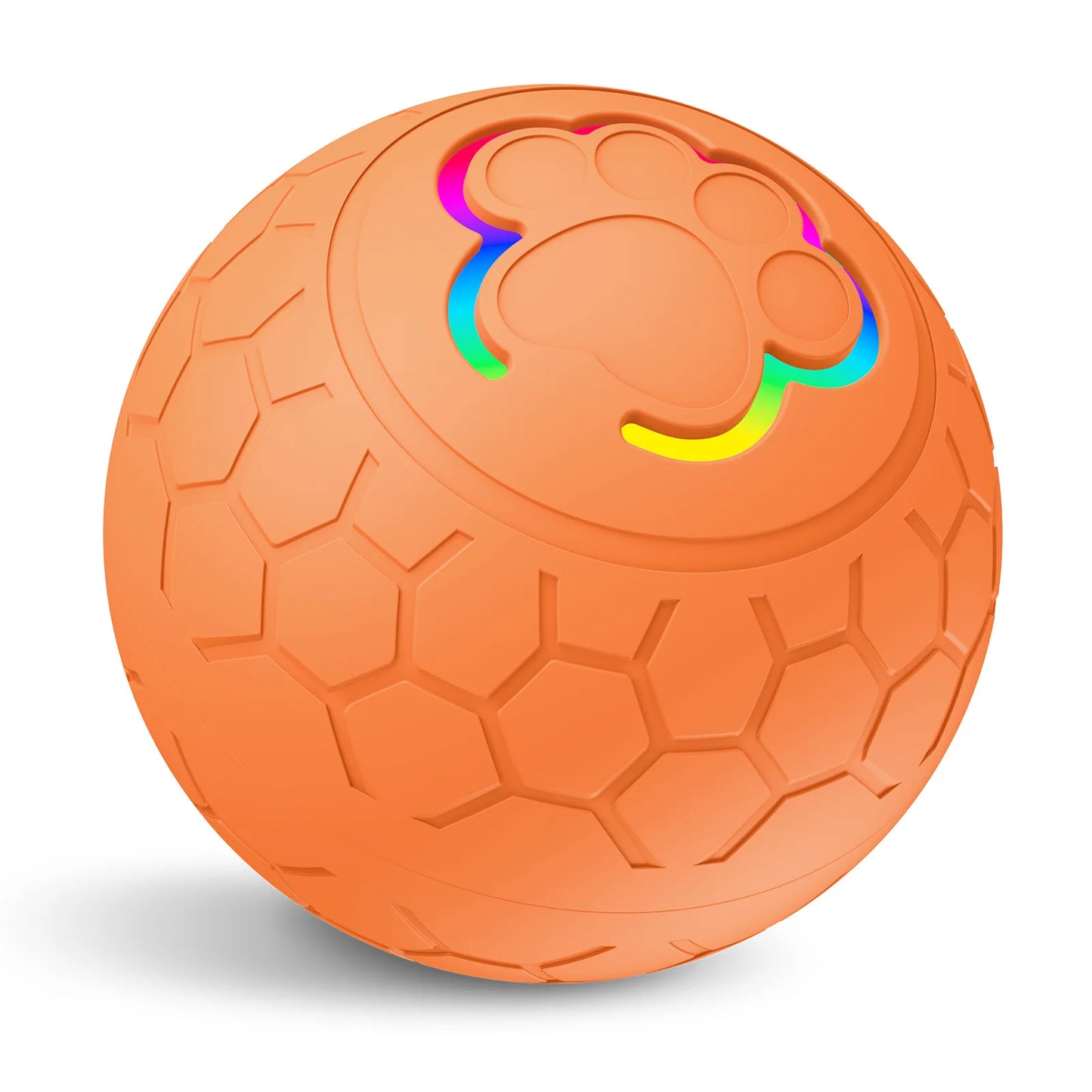 Orange ball with textured surface and colorful inner design on a white background