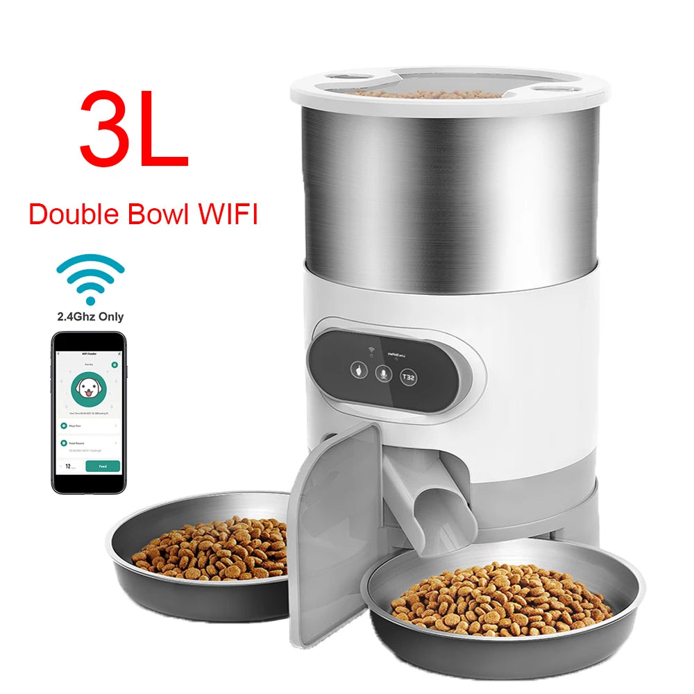 Pet food dispenser with two bowls of kibble, labeled '3L Double Bowl WIFI', on a white background.