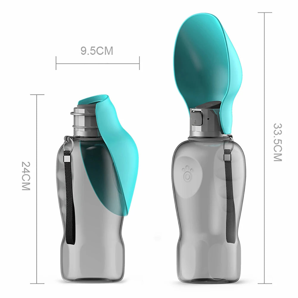 Two gray portable dog water bottle with turquoise lids and handles, showing measurements on a white background.