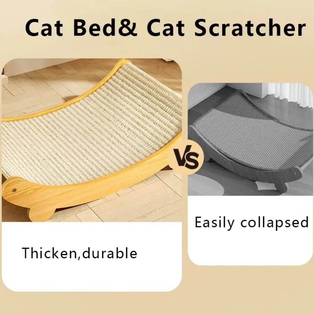 Comparison of a thick, durable cat scratch board and a easily collapsible cat scratcher on a beige background.
