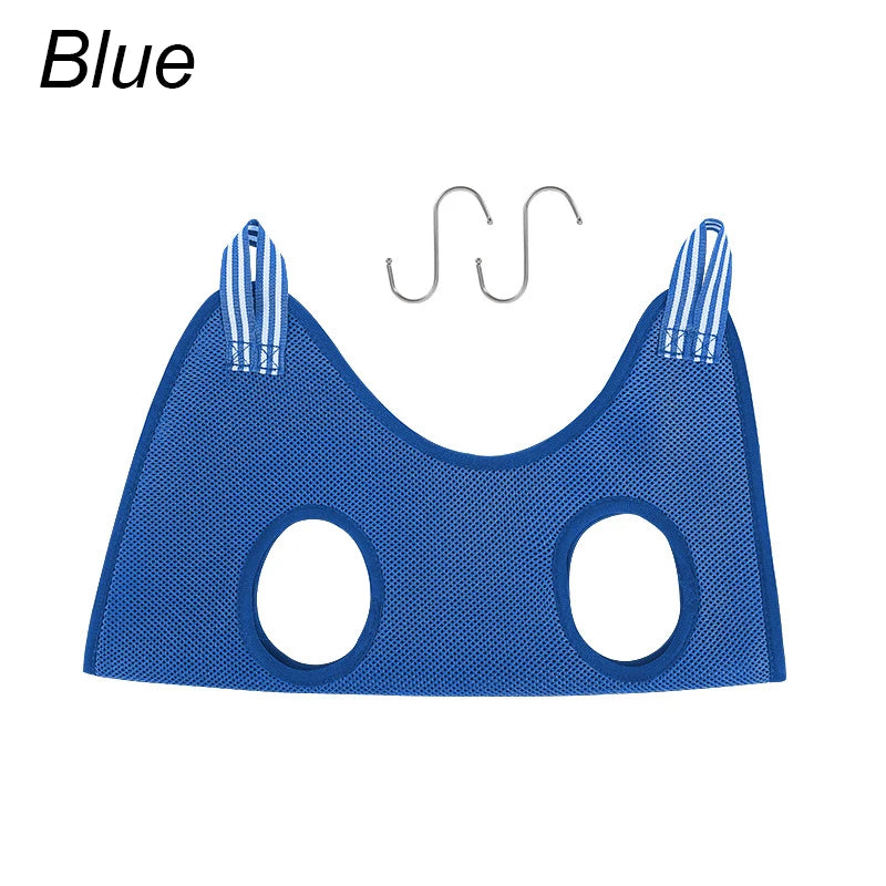 Blue pet grooming hammock on a white background