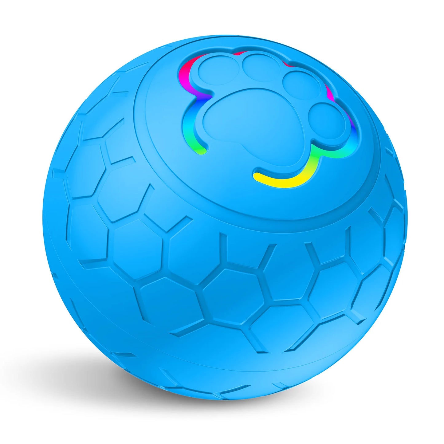 Blue textured ball with colorful design on a white background