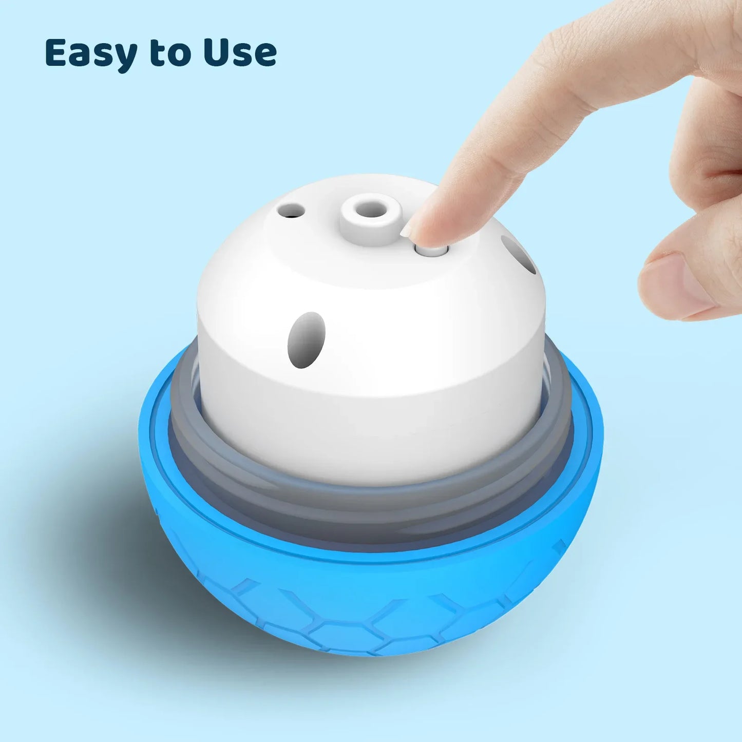 The Inner of a Blue Smart Pet Ball and white device with a finger pressing a button on a light blue background