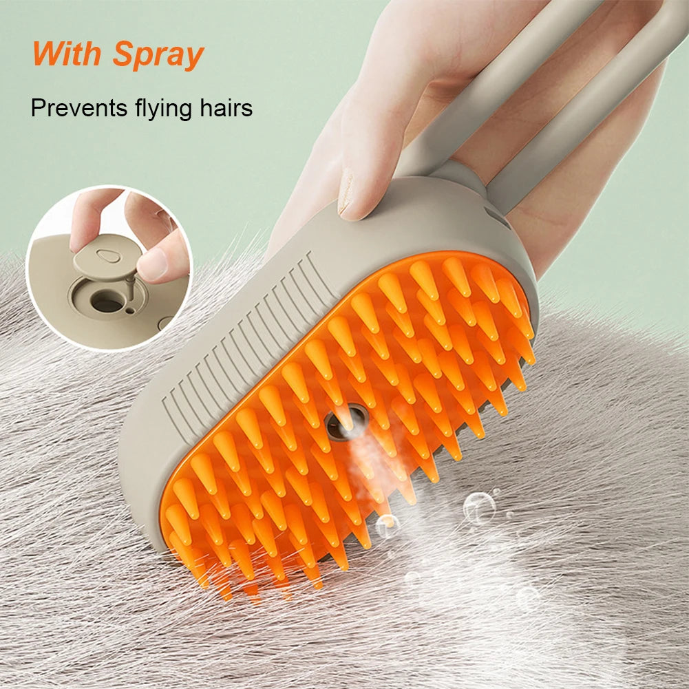 Pet grooming brush with spray feature on a textured surface