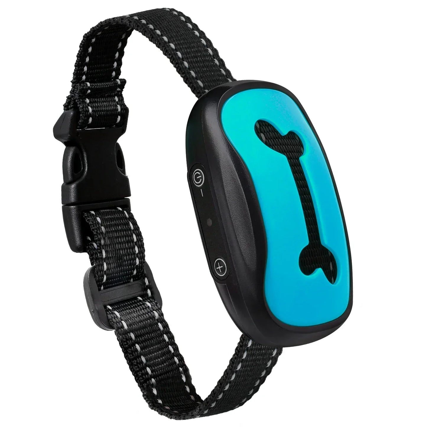 Black dog collar with a blue electronic device featuring a bone icon on a white background