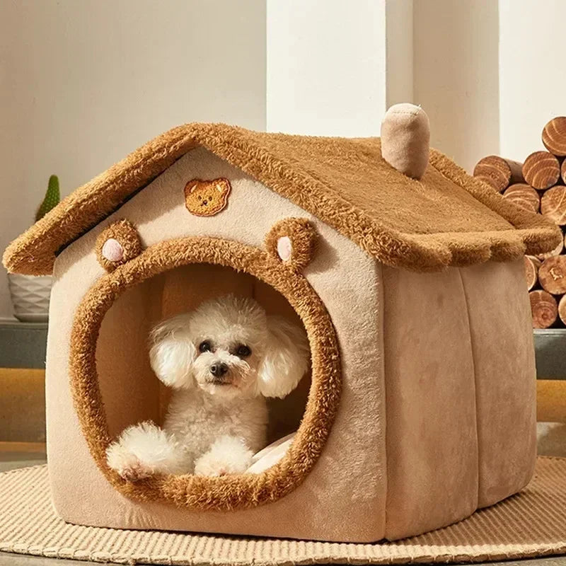 Dog inside a cozy pet house with wooden logs in the background