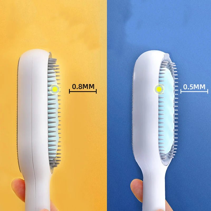 Two pet hairbrushes with bristle spacing measurements on a yellow and blue background