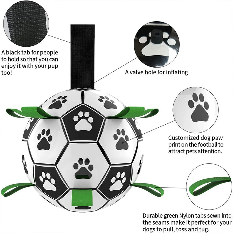 Soccer ball-shaped pet toy with paw prints and green tabs, featuring text descriptions of features.