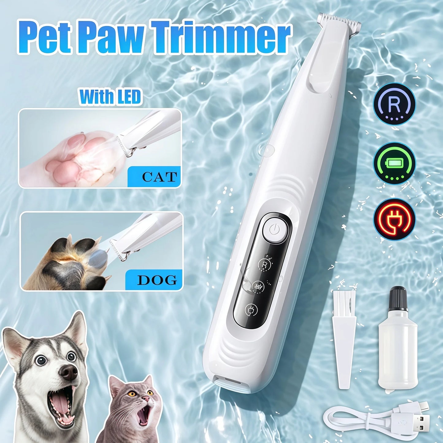 Pet Paw Trimmer with LED lights on a water background, featuring images of a dog and cat.