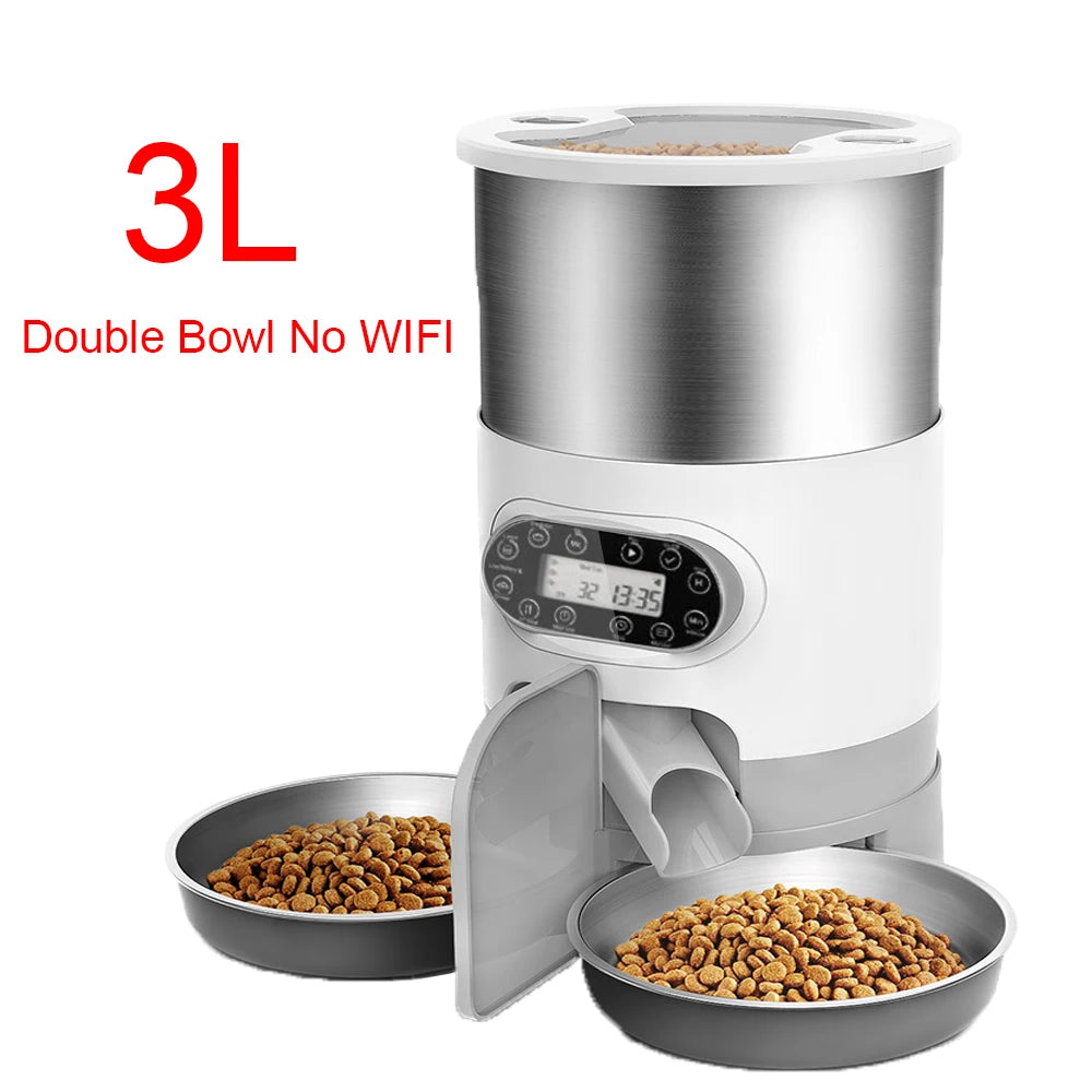 Pet food dispenser with two bowls of kibble on a white background, labeled '3L Double Bowl No WIFI'.