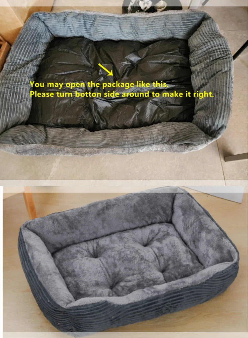Gray pet bed with instructions on how to open the package.