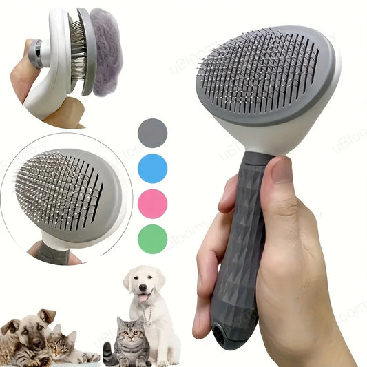 Pet grooming brush with handle, held by a hand, on a white background with additional color swatches and pet images.
