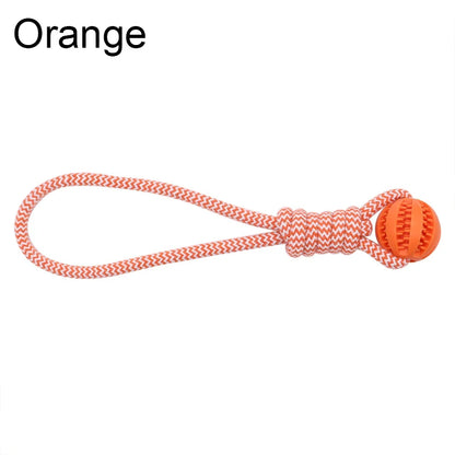 Orange dog toy with a rope on a white background