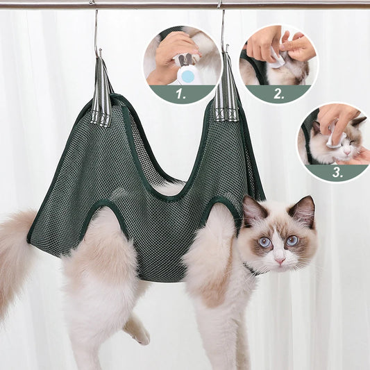 Cat being bathed with a green hanging pet grooming bag and step-by-step instructions on how to use it.