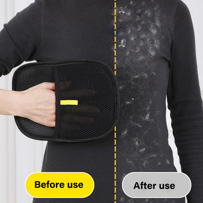 Black Pet Grooming Hair Remover held by a person with 'Before use' and 'After use' labels on a white background