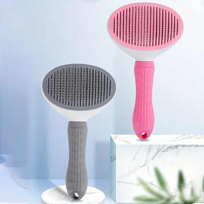 Two pet grooming brushes, one pink and one gray, on a light blue background.