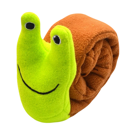 Toy snail with a green head and brown shell on a white background