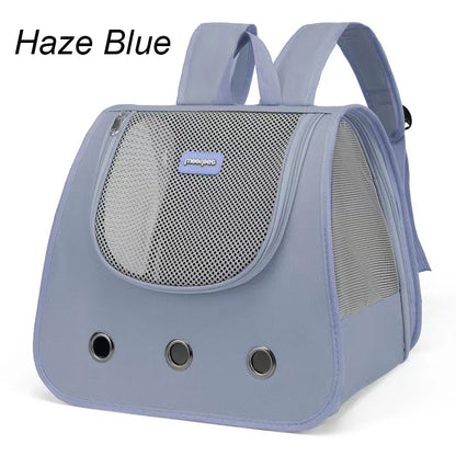 Haze blue pet carrier backpack with mesh sides on a white background