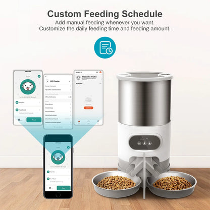 Smart pet feeder with bowls of food and smartphone displaying app interface on a light background