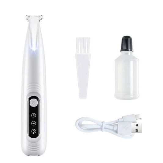 White Dog Paw Trimmer with attachments and USB cable on a white background