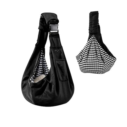 Black pet sling with checkered lining on a white background