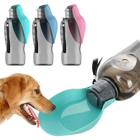 Pet water bottle with a dog drinking from it, showing different color options.