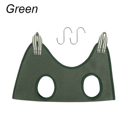 Green pet grooming hammock on a white background