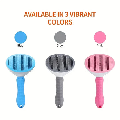Three pet grooming brushes in blue, gray, and pink with color swatches above them on a white background.