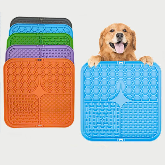 Dog holding a blue mat with other mats in various colors on a white background