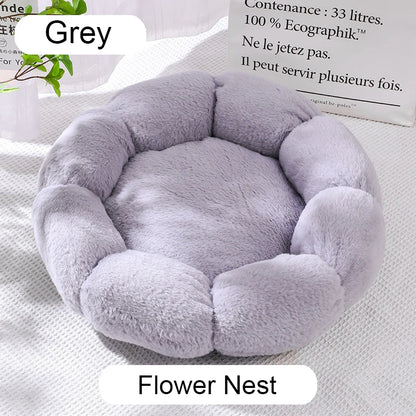 Fluffy gray pet bed labeled 'Flower Nest' on a light background